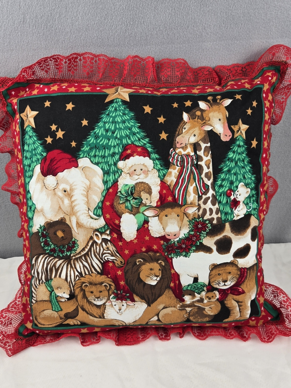 Vintage Handmade Noah's Ark Christmas Throw Pillow Red Lace Ruffle